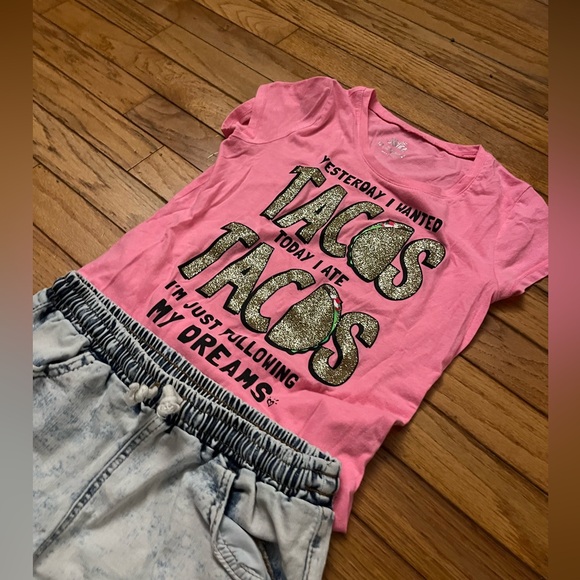 Justice 💕 Girls Taco 🌮 Tee Size 12 Hot Pink Neon Glitter T. Shirt - Picture 9 of 10